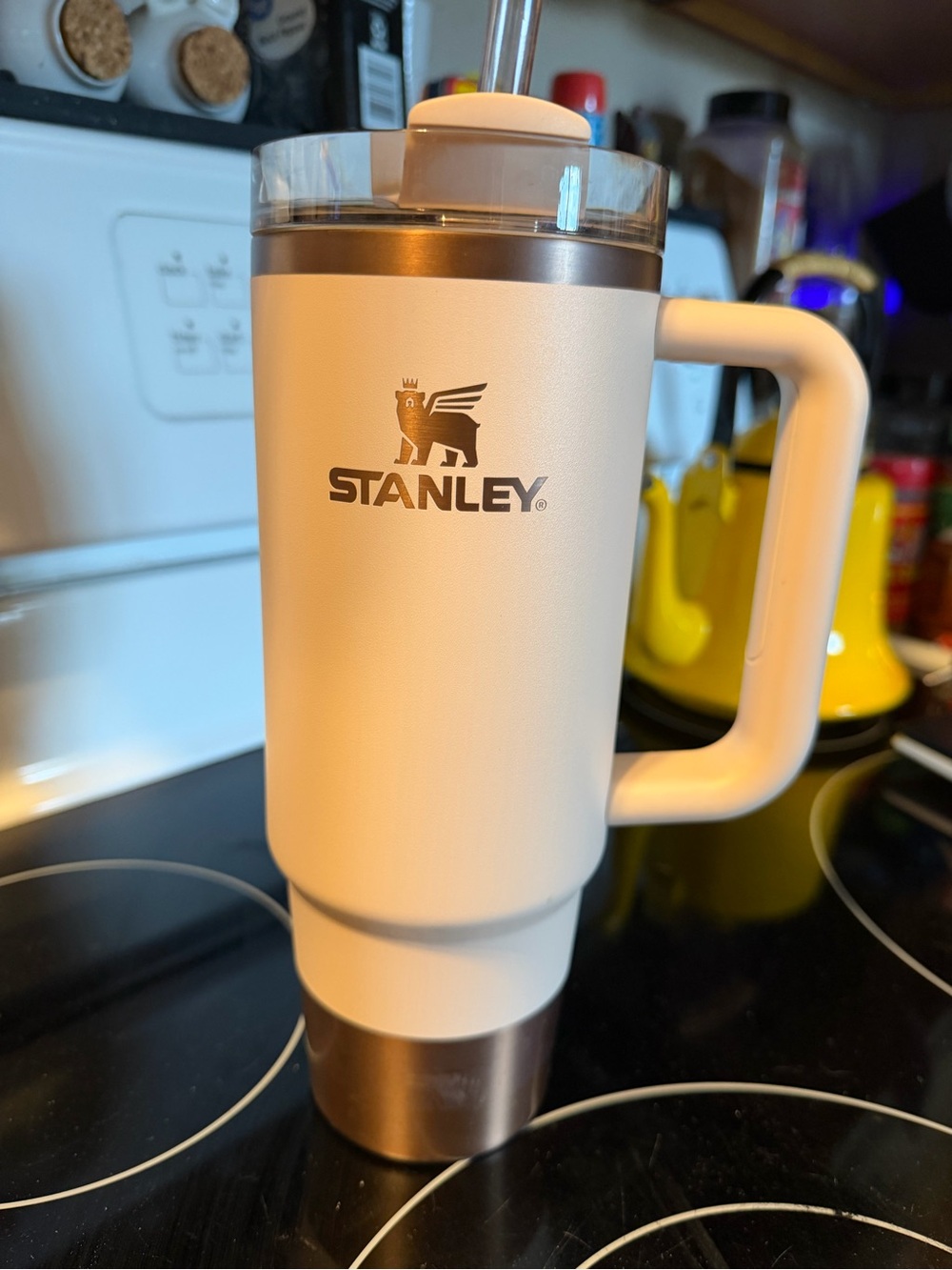 Stanley Cream White Travel Mug with Handle and Silver Accents